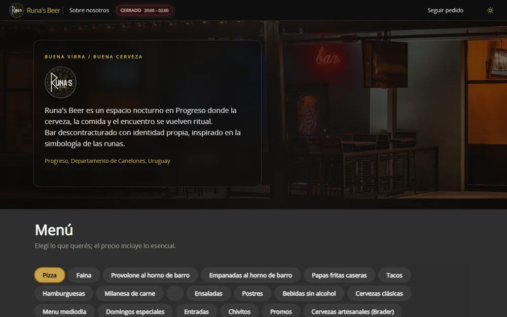 Portada de runasbeer.com con la presentación del bar y el menú